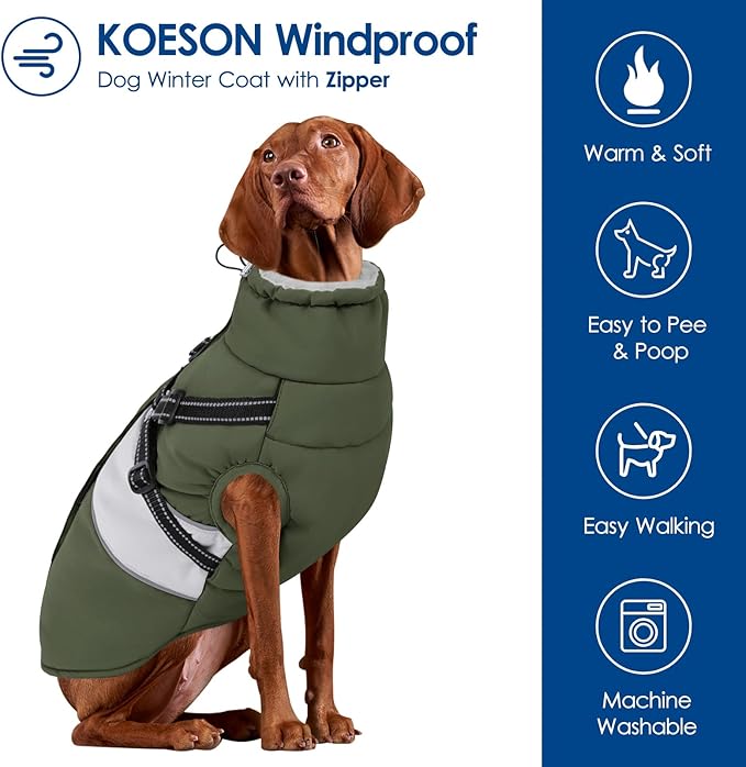 KOESON Dog Coat, Warm Dog Winter Jacket with Harness, Waterproof Pet Cold Weather Coats with Fleece Lining, Reflective & Windproof Snowsuit Sweater for Schnauzer, Yorkshire, Dachshund, Army Green S