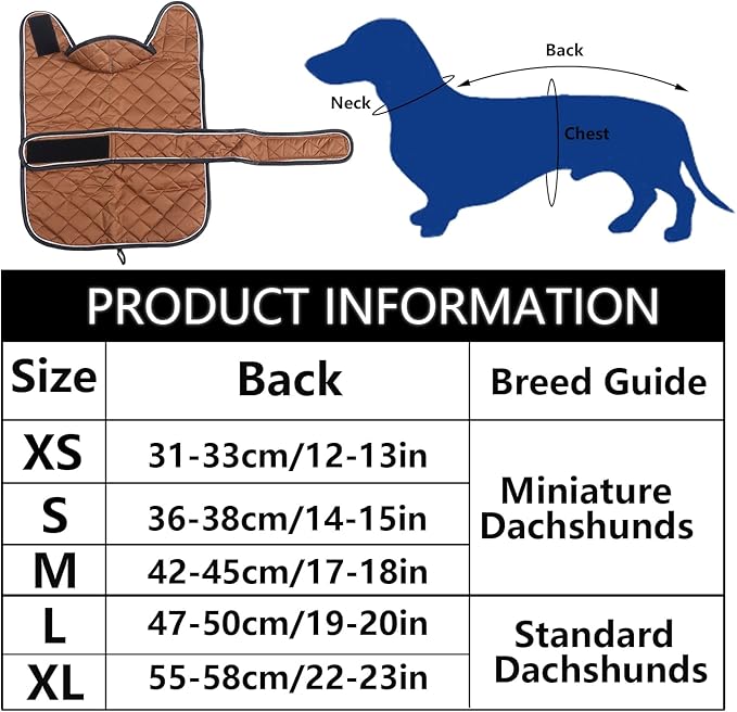 Warm Thermal Quilted Dachshund Coat,Dog Winter Coat with Warm Fleece Lining,Outdoor Dog Apparel with Adjustable Bands for Medium,Large Dog-Brown-M