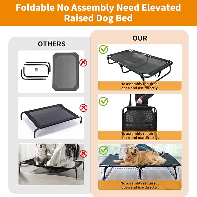 Foldable Elevated Dog Bed, No Assembly Need, Waterproof Folding Raised Dog Bed, Outdoor Dogs Cot Cooling Pet Hammock Bed with Breathable Mesh for Small Medium Size Dogs, Chew-Proof, Black