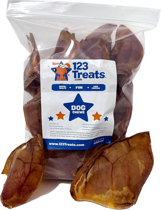 123 Treats Whole Pig Ears for Dogs - (30 Count) 100% Natural, Long Lasting & Highly Digestible Chew Treats, Single Ingredient, Slow Baked, Great for Puppy, Large & Medium Dogs