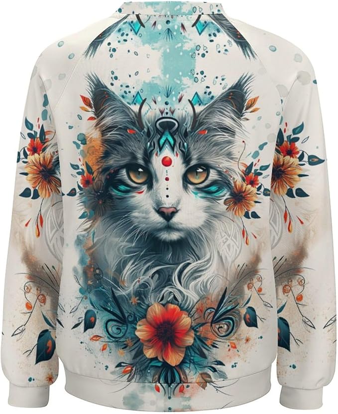 Womens novelty funny cat printed crewneck sweatshirt casual loose long sleeve graphic pullover sweatshirts tops