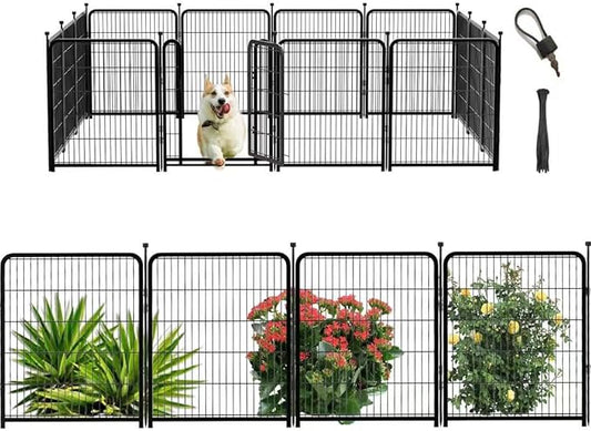 56 in(H) Dog Fence Outdoor for Yard，Wide Door Low Threshold, Decorative Garden Fence Panels, 10 Panels Total 22.1 Ft(L)，No Dig Fencing for Dogs, Black