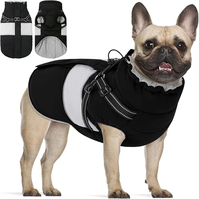 KOESON Dog Coat, Warm Dog Winter Jacket with Harness, Waterproof Pet Cold Weather Coats with Fleece Lining, Reflective & Windproof Snowsuit Sweater for Schnauzer, Yorkshire, Dachshund, Black S