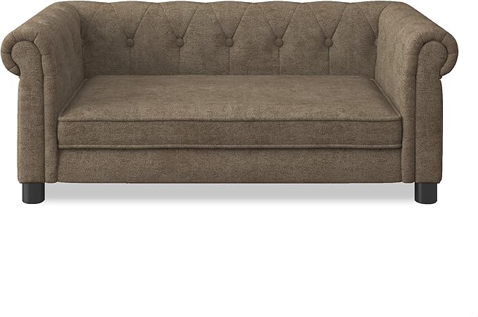 GDFStudio Modern Linen Dog Sofa for Small and Medium Dogs Elevated Pet Bed with Armrests and Backrest Durable and Comfortable Upholstered Pet Furniture, Brown