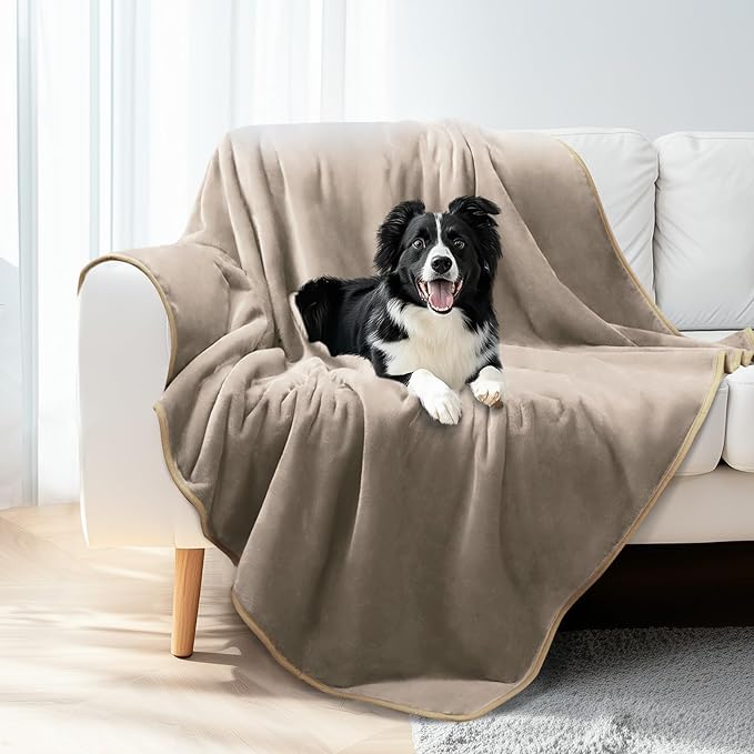 Luciphia Waterproof Pet Blanket, Liquid Pee Proof Dog Blanket for Sofa Bed Couch, Reversible Sherpa Fleece Furniture Protector Cover for Small Medium Large Dogs Cats, Khaki+Beige Large（65" x 57"）