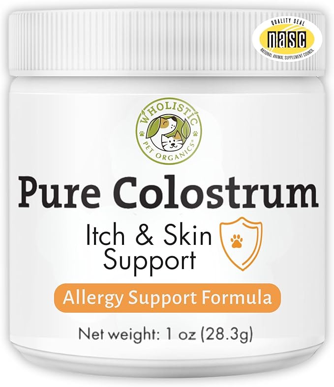 Wholistic Pet Organics Bovine Colostrum Powder - 1 Oz - Seasonal Dog Allergy Relief - Itch Relief for Dogs - Natural Anti Itch Supplement for Dogs - Made in USA - Alternative to Dog Allergy Chews