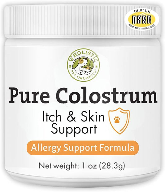 Wholistic Pet Organics Bovine Colostrum Powder - 1 Oz - Seasonal Dog Allergy Relief - Itch Relief for Dogs - Natural Anti Itch Supplement for Dogs - Made in USA - Alternative to Dog Allergy Chews
