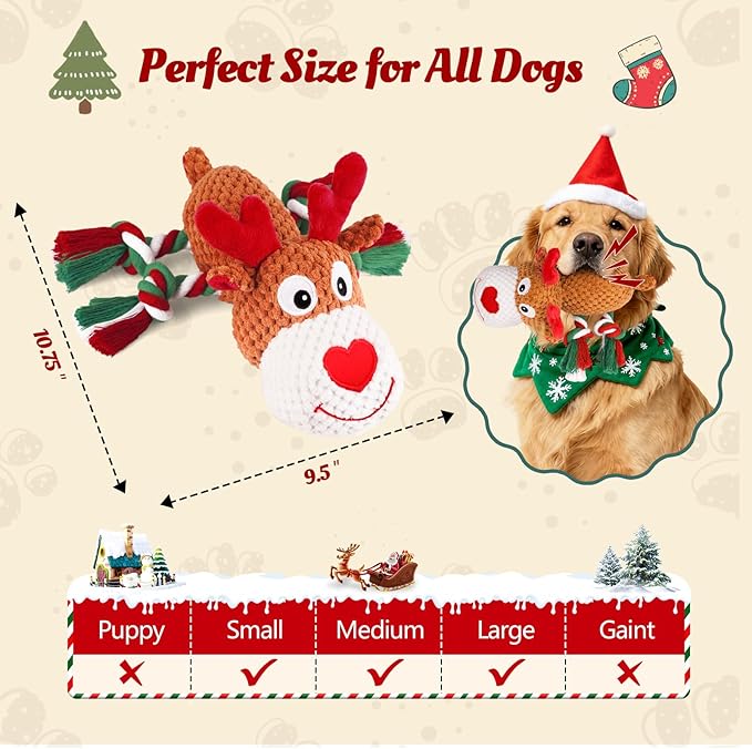 Christmas Dog Toys - Rope Reindeer Durable Squeaky Plush Dog Toy for Small, Medium & Large Dogs, Soft Xmas Gift for Pets
