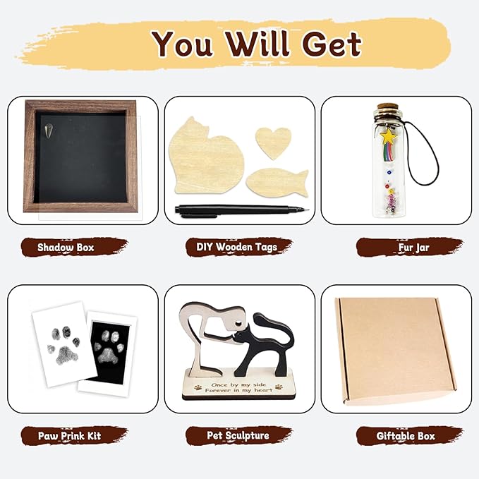 Pet Memorial Shadow Box Gift Dog Memory Display Case Wooden Picture Frame Pet Paw Ink Kit Glass Fur Jar Pets Keepsake Holder for Passed Away Dogs Cats idea Gifts for Pet Lover (Brown Cat Frame)