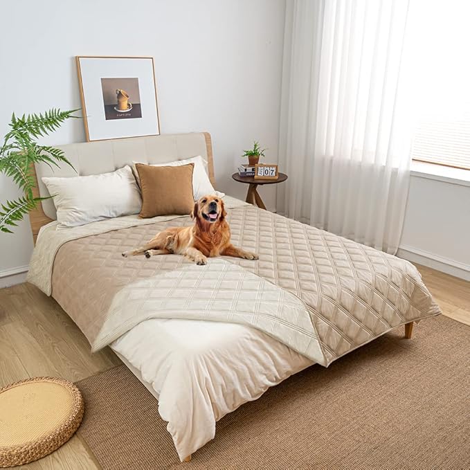 fuguitex Waterproof Dog Blanket, Pet Friendly Reversible Throw Essential for Small Dogs, Tear Resistant Leakproof Washable Couch Cushion Bed Protector Cover for Indoor Furniture（68"*82",Beige+Cream