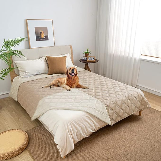 fuguitex Waterproof Dog Blanket, Pet Friendly Reversible Throw Essential for Small Dogs, Tear Resistant Leakproof Washable Couch Cushion Bed Protector Cover for Indoor Furniture（82"*102",Beige+Cream