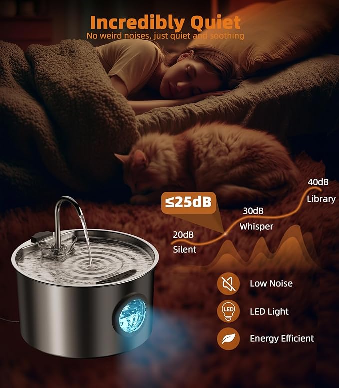 UPAWPIA 3.2L Cat Water Fountain Stainless Steel with 20 Filters Automatic Pet Water Fountain for Cats/Dogs Indoor Ultra Quiet Metal Cat Fountains for Drinking Kitty Watering Supplies for Animals