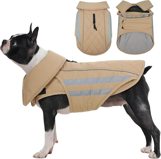IECOii Dog Coat Waterproof - Adjustable Outdoor Dogs Cold Weather Coats & Reflective Winter Jacket with Cozy Fleece Lining, Hunting Vest Jackets for Small Dogs, Rainy, Snowy, Khaki, Sizes M