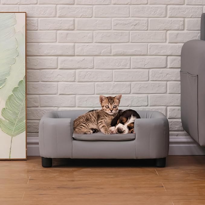 25-Inch Modern Pet Sofa with PU Scratch-Resistant Fabric and Adjustable Legs, Elevated Dog Couch for Small and Medium Dogs, Comfortable Dog Sofa Bed