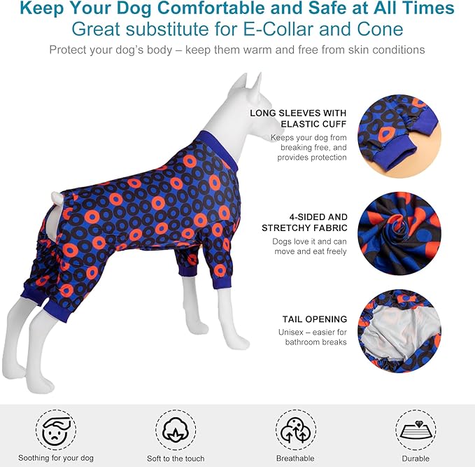 LovinPet Pitbull Pjs for Large Dogs Anti Licking Anxiety Calming Big Dog Pajamas, Lightweight Stretchy Fabric, Ring Print, Jammies for Dogs, Pitbull Party Clothes, Big Dog Costume,Large