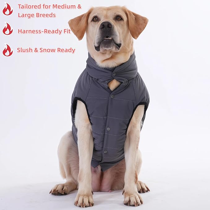 LovinPet Reversible Dog Puffer Coat for Medium & Large Dogs, Down‑Insulated Winter Jacket, Water‑Resistant & Wind‑Resistant, Anti‑Static, Dual-Sided Black & Grey for Cold Weather,XL