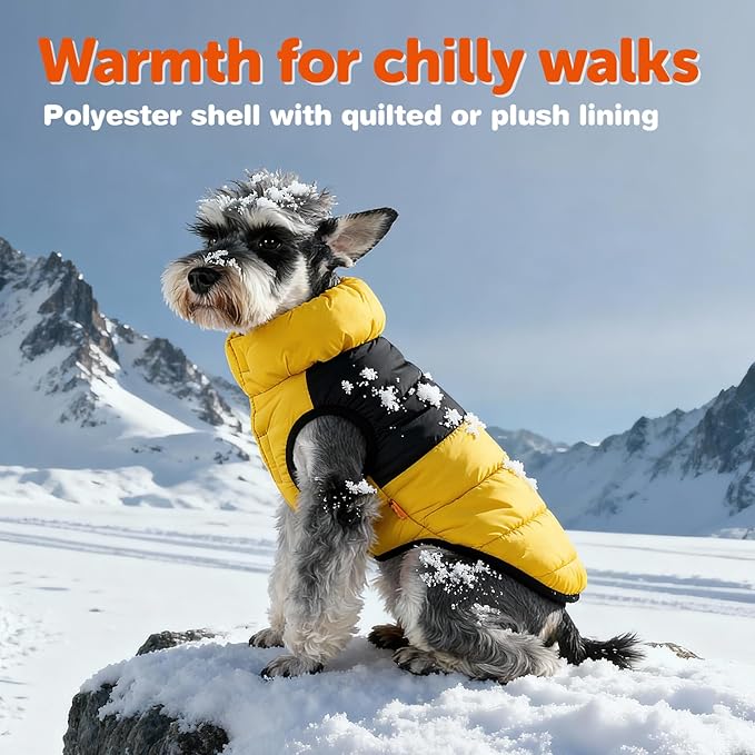 FOFOS Dog Winter Coat, Plush Dog Jacket with Leash Hole, Adjustable Warm Pet Snow Vest for Small Medium Dogs, Yellow, XS