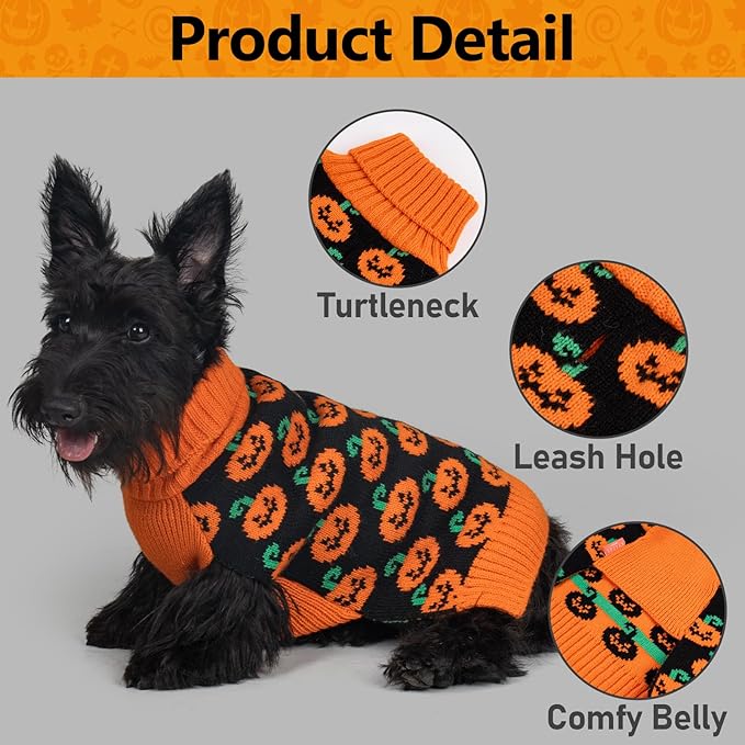 KYEESE Halloween Dog Sweater with Leash Hole Cute Pumpkin Turtleneck Pet Knitwear Extra Warm and Comfortable Orange Festival Pet Clothes for Medium Sized Dog Cozy Halloween Puppy Sweater, XX-Large