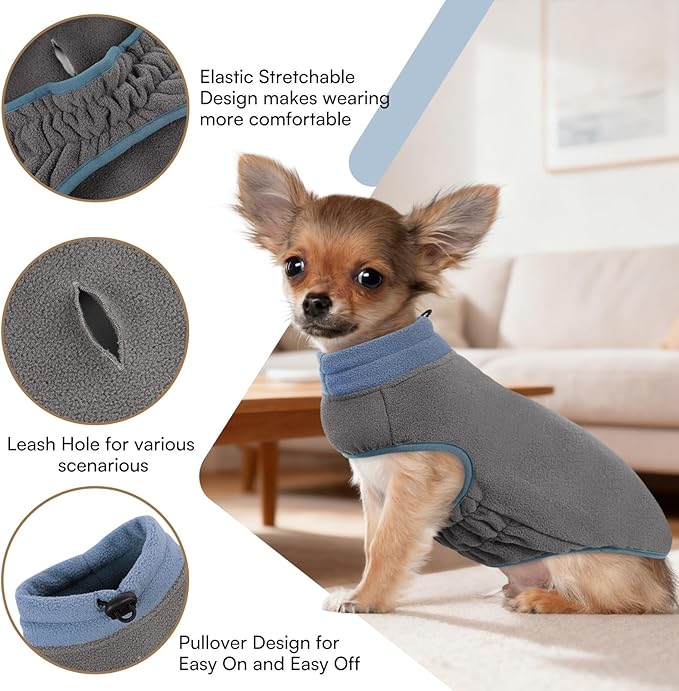 Queenmore Dog Sweater, Soft Fleece Vest Dog Jacket with Elastic Stretchable, Warm Turtleneck Pullover Design for Boy Girl Pet, Dachshund,Doggie, Cat, Kitten Chihuahua Bulldog Pug Beagles (Grey, 2XL)