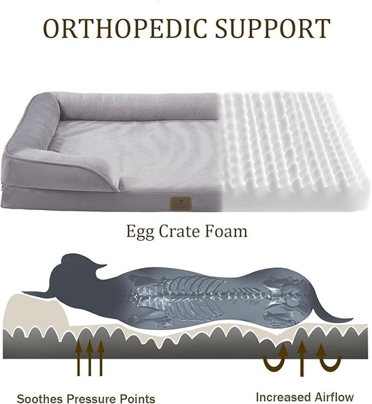 Bedfolks Orthopedic Dog Bed, Big Waterproof Dog Sofa Bed for Large Dogs, Egg Foam Pet Couch Bed with Removable Washable Cover and Nonslip Bottom, Light Grey