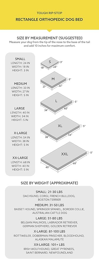 K9 Ballistics Tough Ripstop Orthopedic Rectangle Dog Bed Removable Washable Cover, Solid Orthopedic Foam for Size L Large Dogs 40"x34", Sandstone
