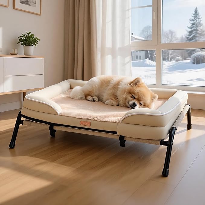 Lekereise Raised Dog Bed for Small Dog 32x25 Inch, Orthopedic Pet Beds with Waterproof Egg Crate Foam, Removable Dogs Couch Bed for Indoor Outdoor, 2-in-1 Design, Load 40lb, Beige