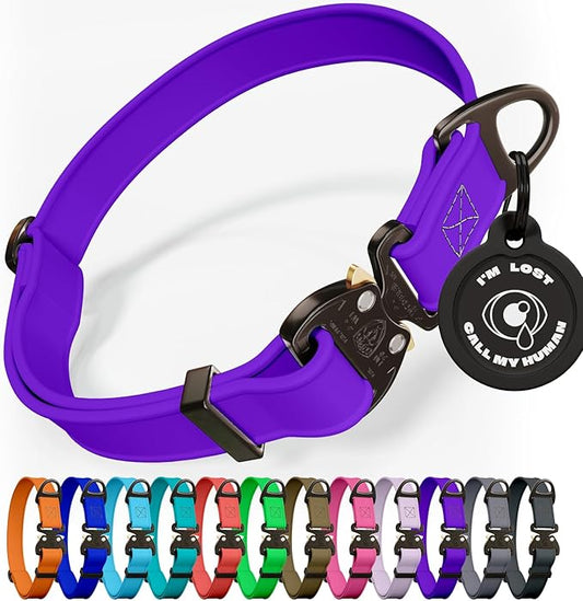 Biothane Dog Collar - Adjustable Heavy Duty for Medium Large Dogs - Waterproof Military Grade - Cobra Buckle, QR Code Dog Tag ID Included