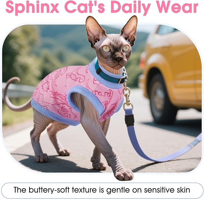 DENTRUN Sleeveless Cat Vest with Dinosaur Print, Breathable Ultra-Soft Dralon Fleece Cat Sweater, All-Season Pet Costume Apparel for Cats, Kitten Clothing for Indoor/Outdoor, Pink, XS