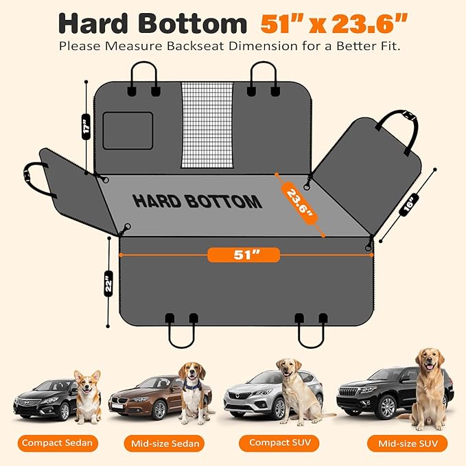URPOWER PU Leather Backseat Extender for Dogs, Hard Bottom Dog Car Seat Cover for Back Seat, Waterproof Dog Car Hammock Anti-Scratch Pet Rear Seat Protector Travel Bed for Car, SUV, and Small Truck