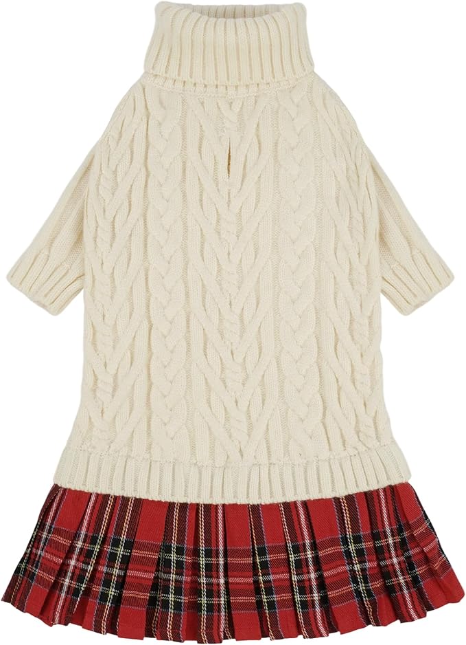 IECOii Girl Dog Sweater Dress - Cable Knit Dog Sweater for Small Dogs Girl - Beige,Medium, Turtleneck Pullover Sweaters with Tartan Plaid Skirt, Adorable Warm Dog Knitted Dress for Christmas