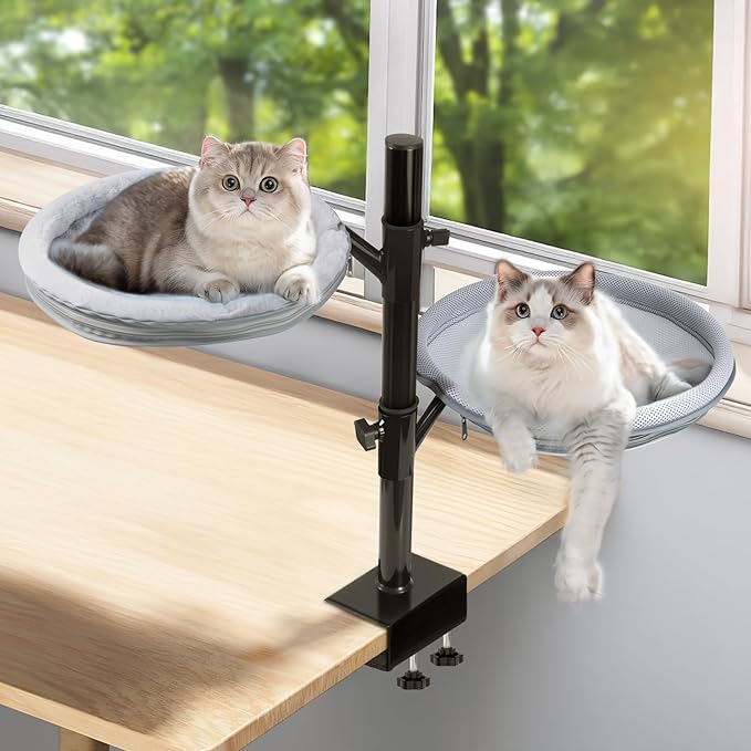 Large Cat Desk Bed x2, 360°Rotating & Adjustable Shelf, 15" Thickening Cat Bed for Desk with 2 Perch Holds 66lbs, Suitable for Various Desktops for 2 Cats