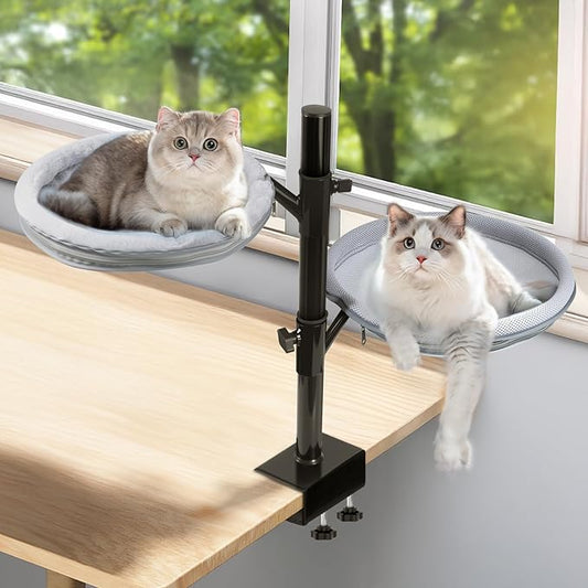 Large Cat Desk Bed x2, 360°Rotating & Adjustable Shelf, 15" Thickening Cat Bed for Desk with 2 Perch Holds 66lbs, Suitable for Various Desktops for 2 Cats