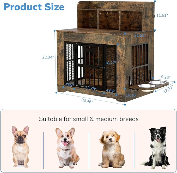 Petrova Dog Crate Furniture, 34inch Wooden Dog Kennel Indoor for Small Dogs, Heavy Duty Dog Cage with 2 Stainless Steel Food Bowls, Led Light, 4 Hooks, Hidden Decorative Pet Cage