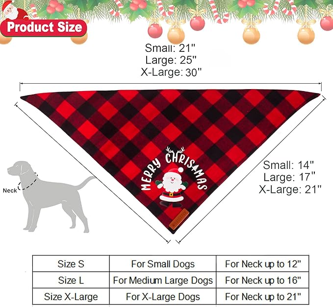 ADOGGYGO Christmas Dog Bandanas, Red Green Plaid Pet Scarf, Premium Cotton Fabric, Xmas Santa Snowman Christmas Bandanas for Medium Large Dogs Pets (Large)