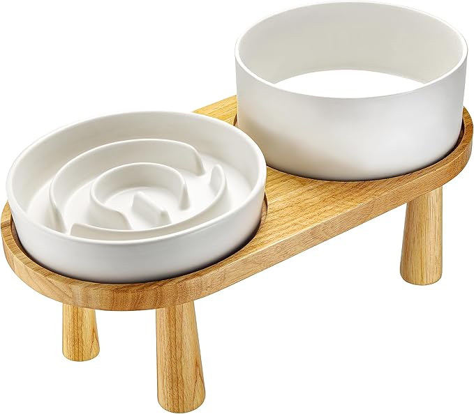 Ceramic Slow Feeder and Water Bowl Set for Small Dogs, 6.0inch Ceramic Dog Bowls Elevated with Wooden Stand, 0.6 Cups Dog Slow Feeder(14oz) and 30oz Water Bowl Set, White