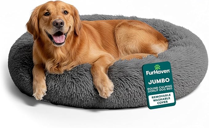 FurHaven 45" Calming Donut Dog Bed for Large Dogs, Round Plush Donut Design with Soft Filling for Snuggling Comfort, Removable Washable Cover, Jumbo/XL, Shaggy Faux Fur, Gray