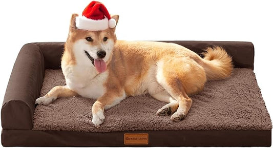Patas Lague Orthopedic Dog Bed Medium Size Dog 30''X20'', Waterproof L Bolster Medium Pet Sofa Beds with Removable Washable Cover, Soft Comfortable Pet Couch Crate Mat with Nonskid Bottom, Brown