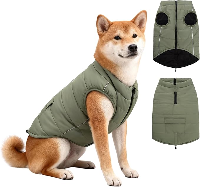 Dog Winter Coat - Waterproof Cold Weather Coat with Thick Padding, Windproof Dog's Snow Jacket with Neck & Tail Drawstrings, Reflective Puppy Jacket - Dog Coats, Olive Green L