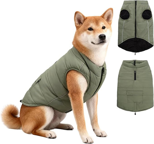 Dog Winter Coat - Waterproof Cold Weather Coat with Thick Padding, Windproof Dog's Snow Jacket with Neck & Tail Drawstrings, Reflective Puppy Jacket - Dog Coats, Olive Green L