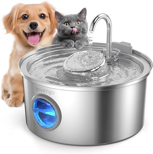 Invengo Cat Water Fountain Stainless Steel, 3.2L/108oz Pet Drinking Fountain for Cats Dogs, Automatic Cat Fountain with 2 Flow Modes, Splash-Proof Bowl