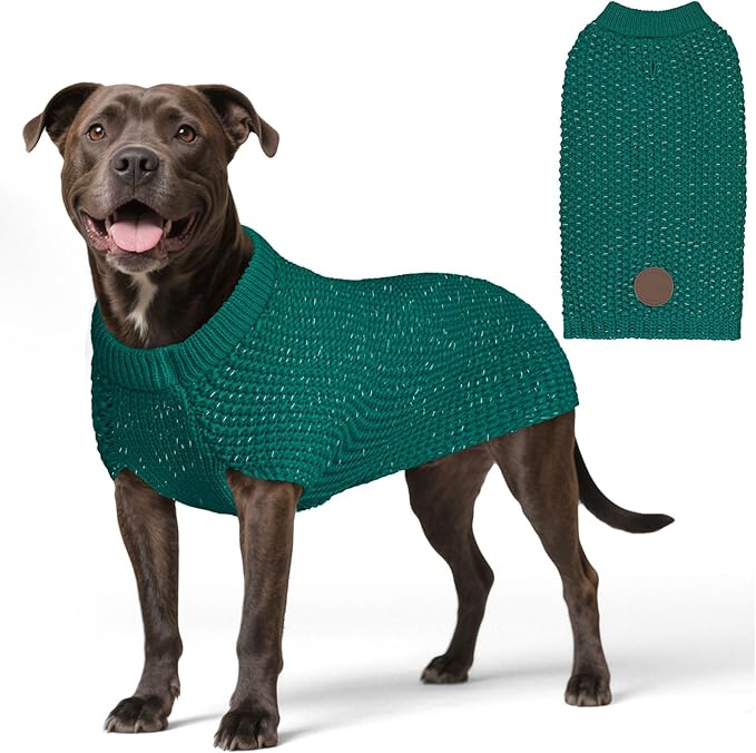 KYEESE Dog Christmas Sweater for Large Dogs with Leash Hole Warm Pullover with Reflective Yarn Male Thick Stretchy Knitwear Winter Soft Pet Coat boy Cold Weather Comfy Dog Sweaters,Green, XX-Large