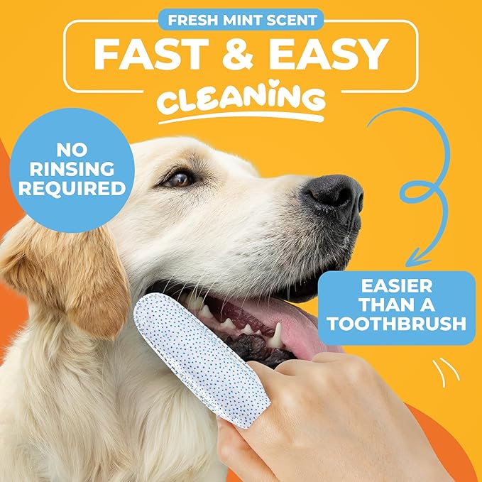 Dog & Cat Teeth Cleaning Wipes - Dental Finger Wipes for Cats & Dogs - Pet Toothbrush & Tooth Brushing Kit - Effective Teeth Cleaner (Mint)