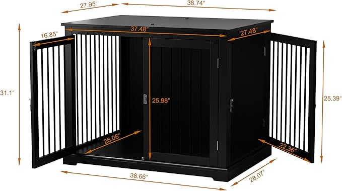 Large Dog Crate Furniture, Wooden Dog Kennel with Cushion, Dog Crate End Table Large, Indoor Dog Kennel, Modern Decorative Dog Crates with Flip Top, Chew-Proof Metal Bars, Black