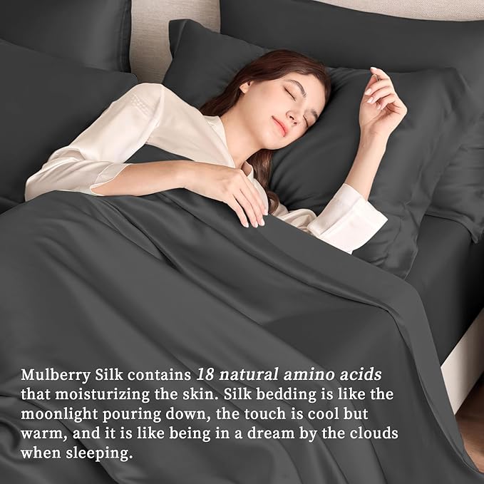 THXSILK Silk Sheet Set 4Pcs, 6A+ Top Grade 100% Natural Mulberry Silk Bed Sheets, Bedding Sets Ultra Soft Durable Safety Material, 1 Fitted Sheet, 1 Flat Sheet and 2 Pillow Shams (Queen, Black)