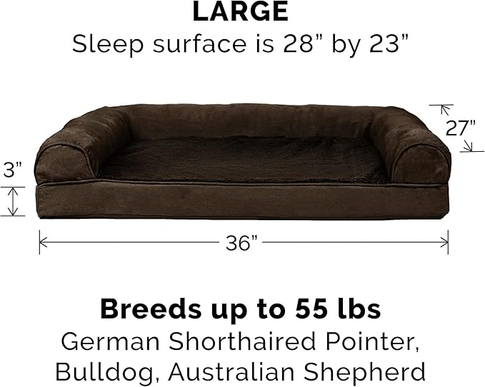Furhaven Memory Foam Dog Bed for Large/Medium Dogs w/ Removable Bolsters & Washable Cover, For Dogs Up to 55 lbs - Plush & Suede Sofa - Espresso, Large