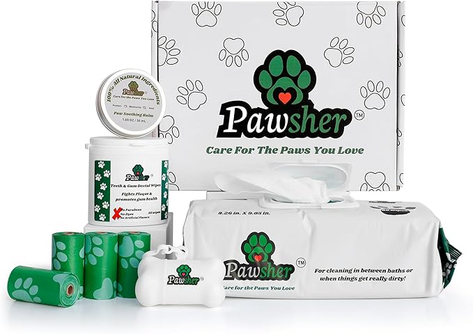 Dog Essentials Starter Kit - Dog Lovers Gift Box with Pet Wipes, Paw Balm, Dental Teeth Cleaning Wipes and Poop Bags Set - Complete Dog Care for Travel & Camping