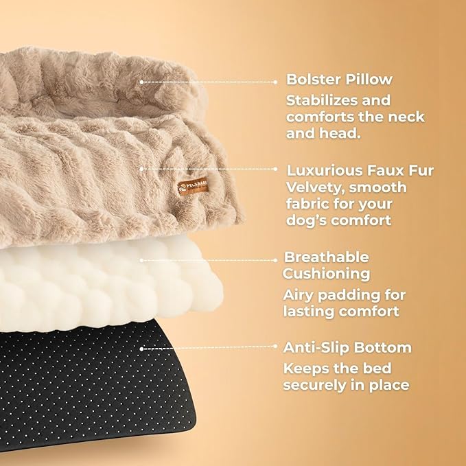 Pelsbarn Dog Bed for Couch, Luxurious Sofa Bed for Dogs with Non-Slip Oxford Bottom - Faux Rabbit Fur with Removable Cover, Small, Beige - 28x28 in
