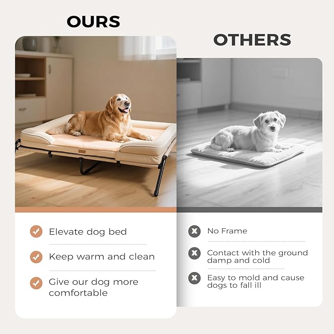 Lekereise Raised Dog Bed for Large Dog 46x33 Inch, Orthopedic Pet Beds with Waterproof Egg Crate Foam, Removable Dogs Couch Bed for Indoor Outdoor, 2-in-1 Design, Load 110lb, Beige