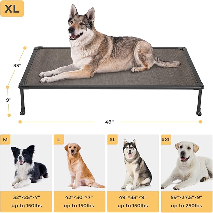 Veehoo Chewproof Elevated Dog Bed - Cooling Raised Pet Cot, Breathable Mesh, Washable & Non-Slip for Large Dogs, Indoor/Outdoor, Brown Mat and Black Frame, 49x33inches (Model CWC2203A03)