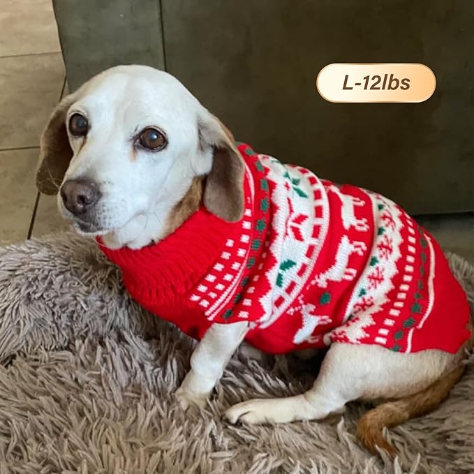 KYEESE Dog Christmas Sweater, Warm Turtleneck Dog Sweater for Small Dogs Boy Girl with Snowflake Reindeer Pattern, Winter Doggie Knitwear with Leash Hole, Soft Cozy Pet Clothes, Large